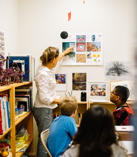 Teacher showing different images on a poster.