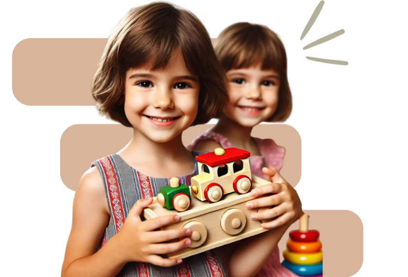 Little girls holding wood toys.